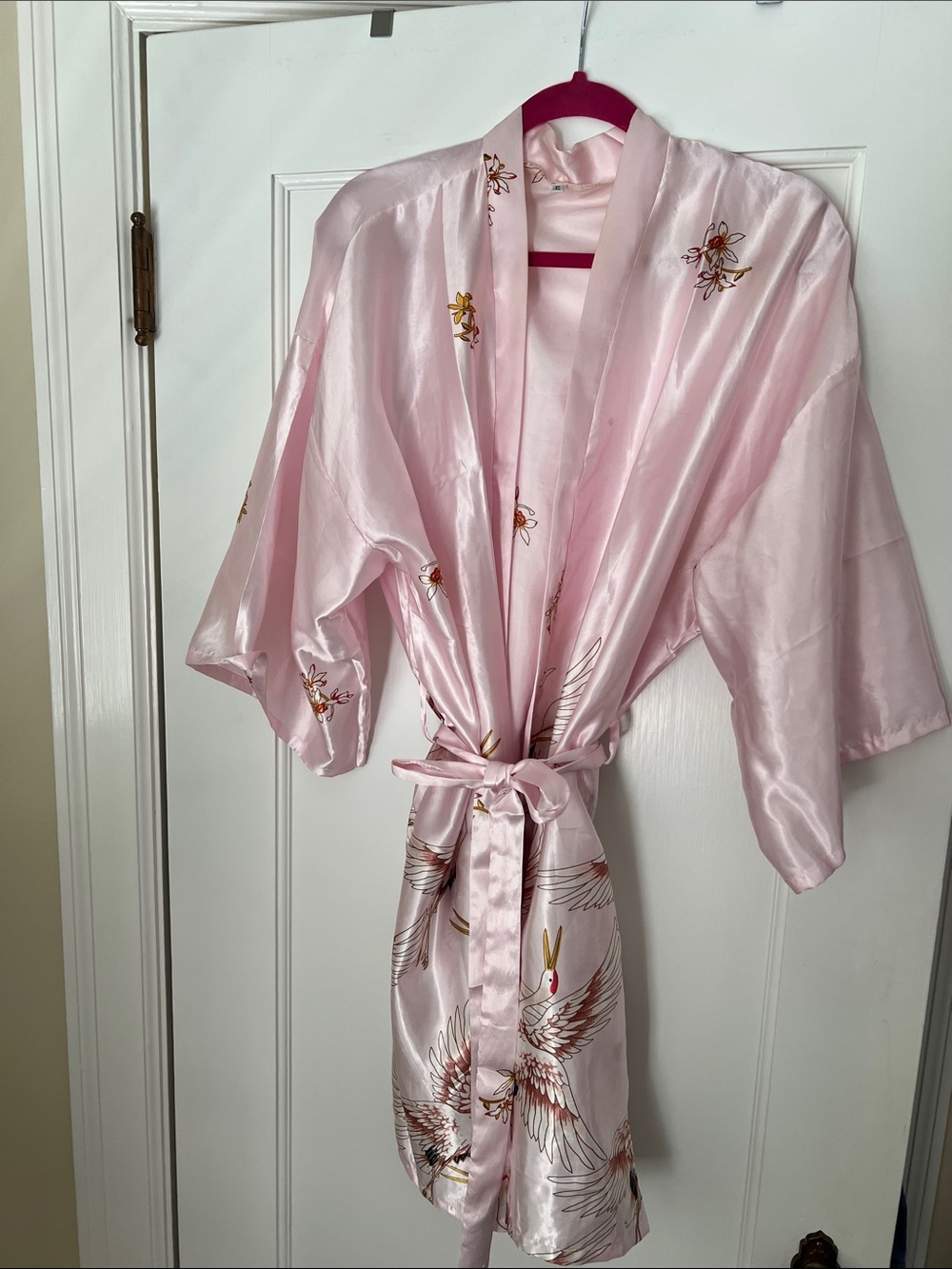 Light Pink Satin Kimono Robe with Crane Motif